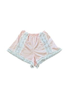 Vintage Pink Shorts White Lace Ruffle Trim Cottagecore Coquette Feminine Lounge